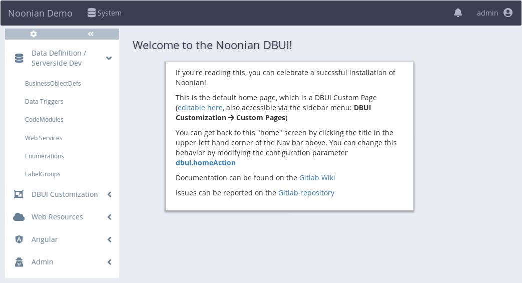 Noonian DBUI Home Screen